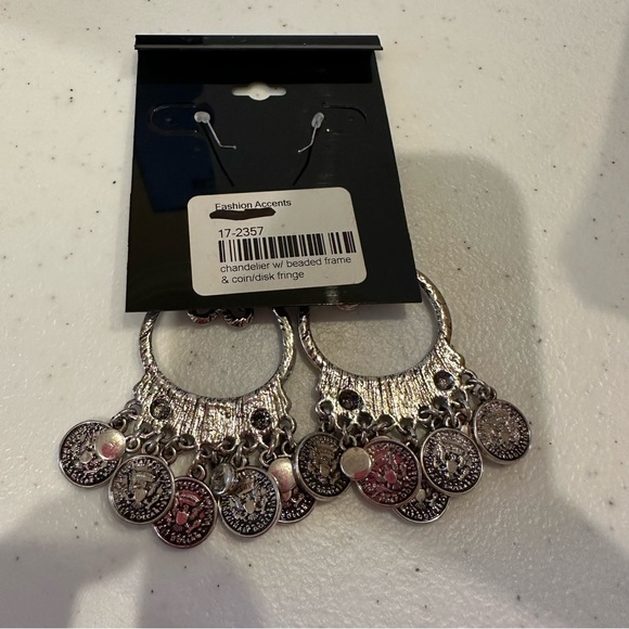 NWT Fashion Accents Earrings silver tone fish hook dangle big circle w/ coins - Picture 8 of 8